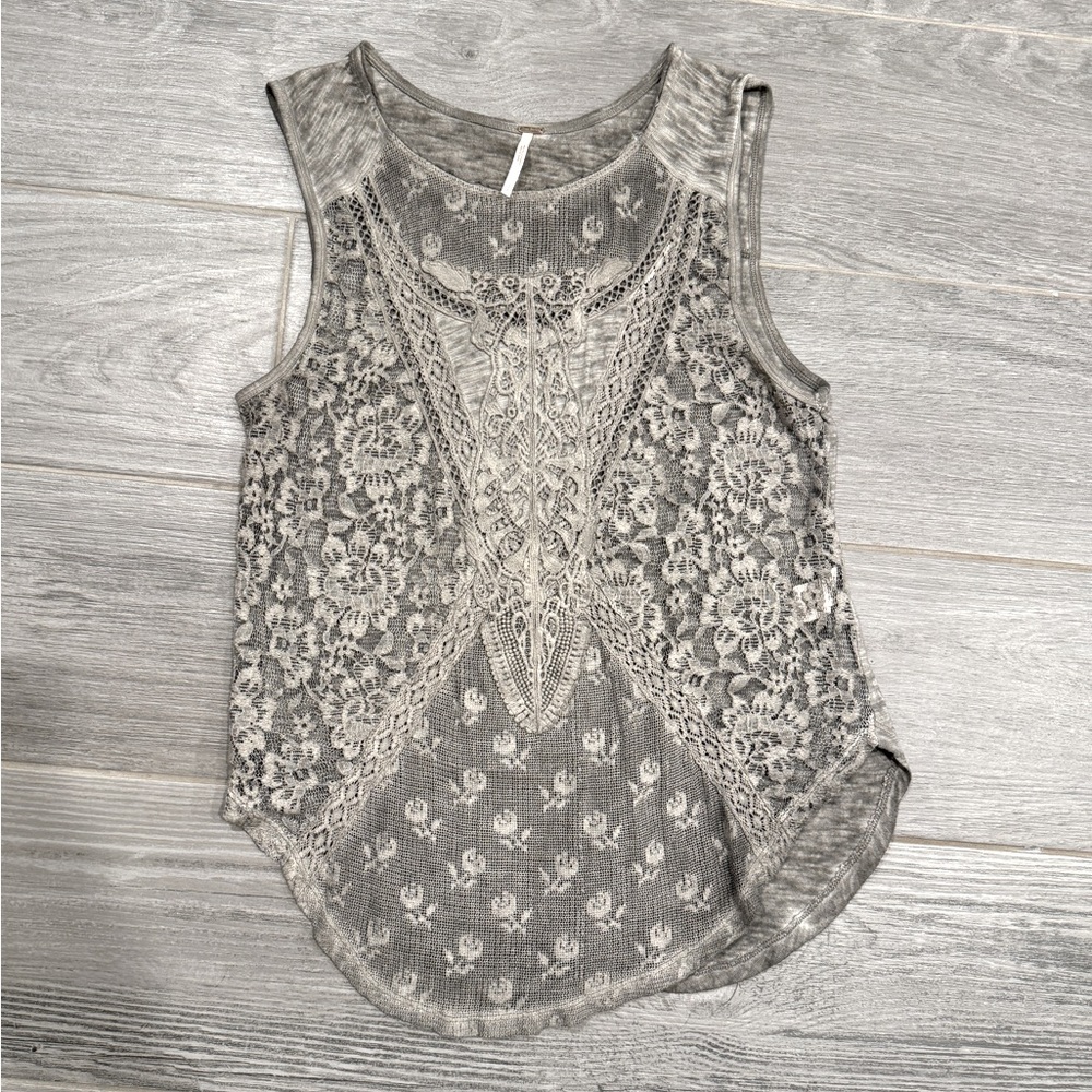 Free People Size S Boho Top Gray Lace Worn 1x